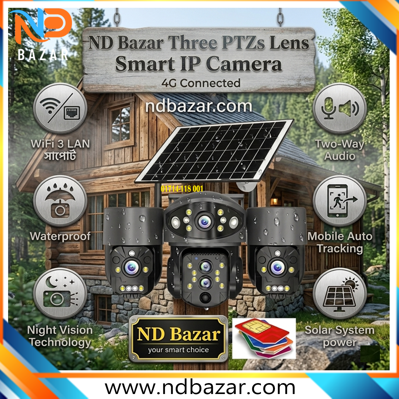Solar 4G sim support New Advance 3 Lens PTZ 3 Display Outdoor Waterproof All Rounder Camera